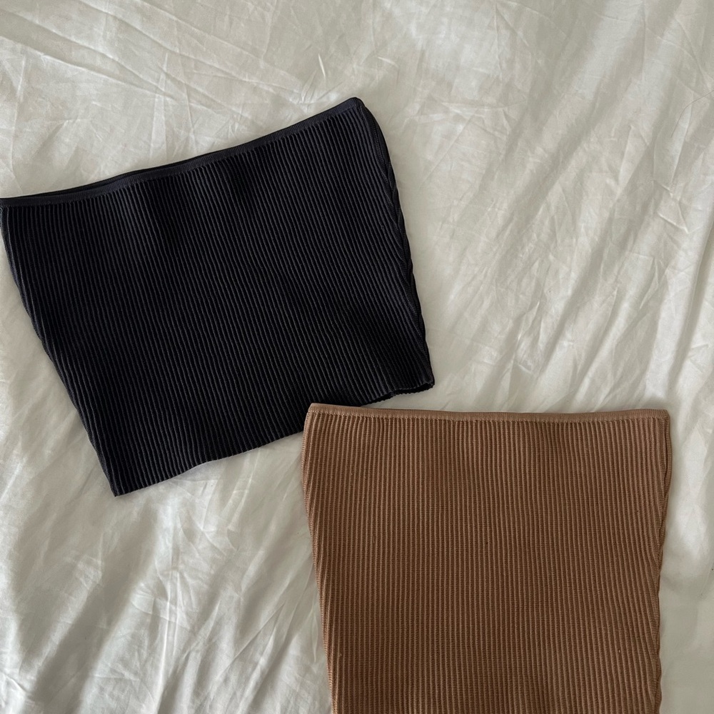 Aritzia Ribbed Strapless Crop Top Duo in Dark Grey and Brown